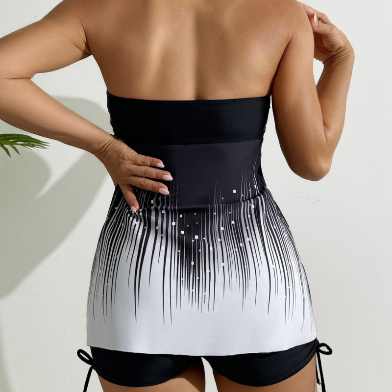 Costum de baie pentru femei fără mâneci, cu șnur la gât, spate decupat, padding la bust, croială slim, model gradient conservator, exterior 82% poliester / căptușeală 18% spandex