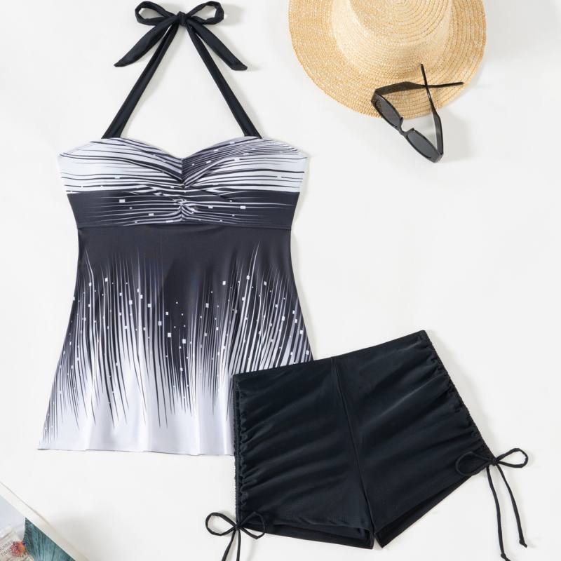 Costum de baie pentru femei fără mâneci, cu șnur la gât, spate decupat, padding la bust, croială slim, model gradient conservator, exterior 82% poliester / căptușeală 18% spandex