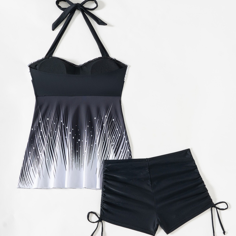 Costum de baie pentru femei fără mâneci, cu șnur la gât, spate decupat, padding la bust, croială slim, model gradient conservator, exterior 82% poliester / căptușeală 18% spandex