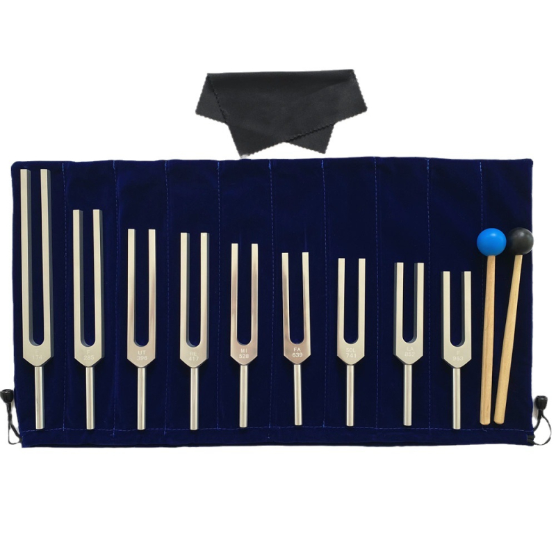 furculiță de acordare pentru yoga din aliaj de aluminiu, 9 note: 174 Hz, 285 Hz, 396 Hz, 417 Hz, 528 Hz, 639 Hz, 741 Hz, 852 Hz, 963 Hz, cu husă de catifea