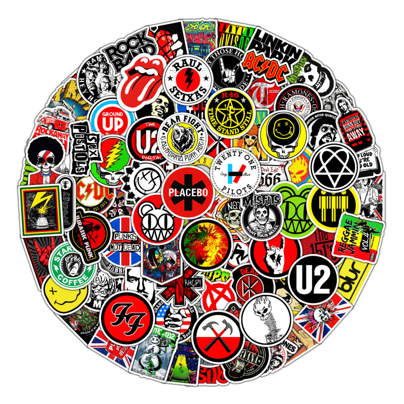 Naljepnice s temom glazbe grafiti - nepravilnog oblika, PVC ljepilo, model ROCK-100, 4-kolorni tisak, za glatke površine