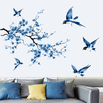 Αυτοκόλλητο τοίχου AD5087AB: ζωγραφισμένα πουλιά και λουλούδια, καρτούν στυλ, PVC υλικό, αδιάβροχο, 2 τεμάχια, για σαλόνι και υπνοδωμάτιο, αυτοκόλλητο