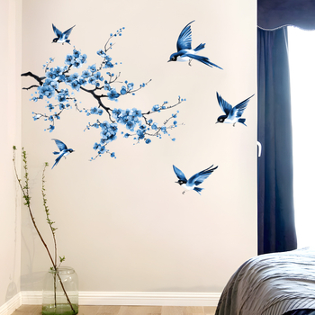 Αυτοκόλλητο τοίχου AD5087AB: ζωγραφισμένα πουλιά και λουλούδια, καρτούν στυλ, PVC υλικό, αδιάβροχο, 2 τεμάχια, για σαλόνι και υπνοδωμάτιο, αυτοκόλλητο
