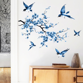 Αυτοκόλλητο τοίχου AD5087AB: ζωγραφισμένα πουλιά και λουλούδια, καρτούν στυλ, PVC υλικό, αδιάβροχο, 2 τεμάχια, για σαλόνι και υπνοδωμάτιο, αυτοκόλλητο
