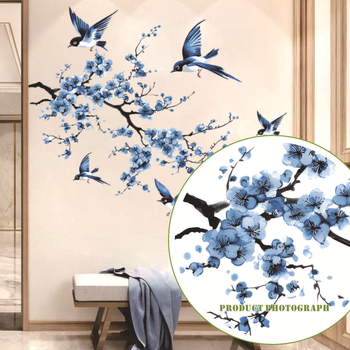 Αυτοκόλλητο τοίχου AD5087AB: ζωγραφισμένα πουλιά και λουλούδια, καρτούν στυλ, PVC υλικό, αδιάβροχο, 2 τεμάχια, για σαλόνι και υπνοδωμάτιο, αυτοκόλλητο