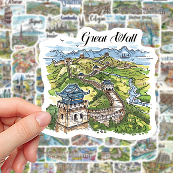 Kelionių žemėlapių lipdukų rinkinys: 50 šalių žemėlapių lipdukų, ranka piešti graffiti stiliaus, skirtas užrašų knygelės dekoravimui; PVC medžiaga, cartoon stilius, lipdukai ir spausdinimas, logotipas galimas