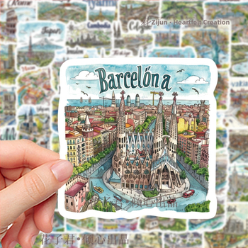 Kelionių žemėlapių lipdukų rinkinys: 50 šalių žemėlapių lipdukų, ranka piešti graffiti stiliaus, skirtas užrašų knygelės dekoravimui; PVC medžiaga, cartoon stilius, lipdukai ir spausdinimas, logotipas galimas