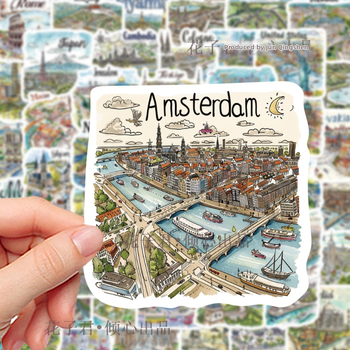 Kelionių žemėlapių lipdukų rinkinys: 50 šalių žemėlapių lipdukų, ranka piešti graffiti stiliaus, skirtas užrašų knygelės dekoravimui; PVC medžiaga, cartoon stilius, lipdukai ir spausdinimas, logotipas galimas