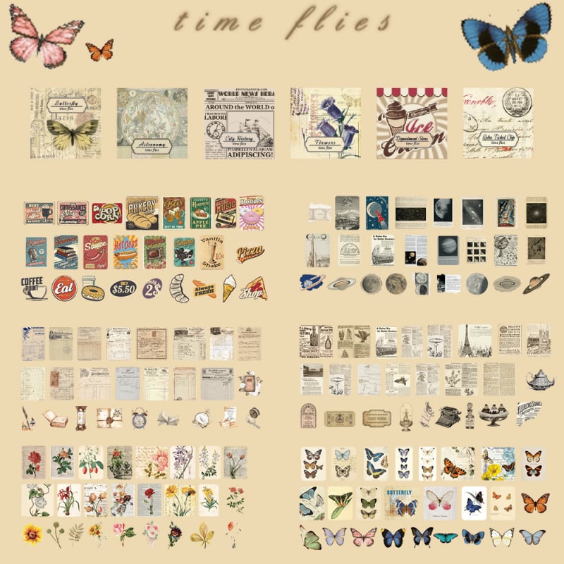 Scrapbook lipdukų rinkinys – popieriniai dekoratyviniai lipdukai DIY užrašinėms ir dienorašiams, animacinis, retro stilius, spausdinimas, IP leidimas: Ne