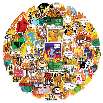 This Is Fine γκραφίτι αυτοκόλλησητα — αδιάβροχο αυτοκόλλητο PVC, 50 φύλλα, για θήκες κινητών, tablets, φλυτζάνια και κράνη; μοντέρνο και μινιμαλιστικό στυλ; αυτοκόλλητα και εκτύπωση; χωρίς λογότυπο