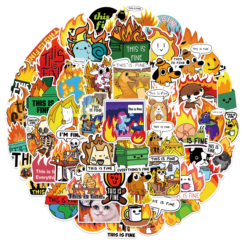 This Is Fine γκραφίτι αυτοκόλλησητα — αδιάβροχο αυτοκόλλητο PVC, 50 φύλλα, για θήκες κινητών, tablets, φλυτζάνια και κράνη; μοντέρνο και μινιμαλιστικό στυλ; αυτοκόλλητα και εκτύπωση; χωρίς λογότυπο