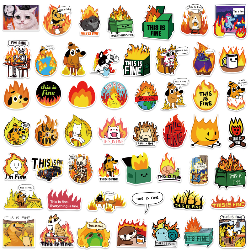 This Is Fine γκραφίτι αυτοκόλλησητα — αδιάβροχο αυτοκόλλητο PVC, 50 φύλλα, για θήκες κινητών, tablets, φλυτζάνια και κράνη; μοντέρνο και μινιμαλιστικό στυλ; αυτοκόλλητα και εκτύπωση; χωρίς λογότυπο