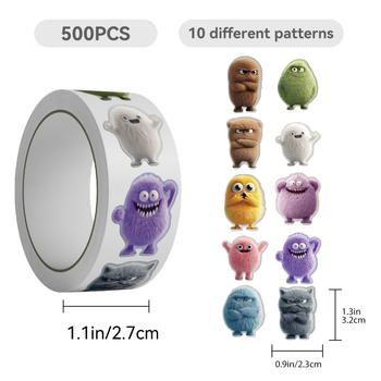 Autocolante autoadezive cu monștri pufoși și drăgălași pentru carcase de telefon, termosuri și skateboarduri; 500 coli pe rolă; stil drăguț; imprimare.