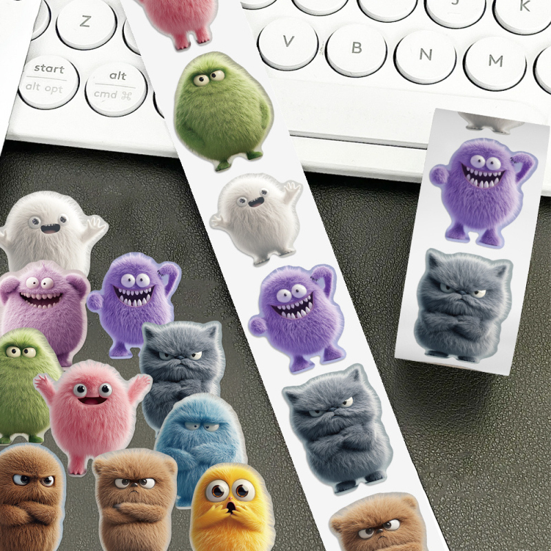Autocolante autoadezive cu monștri pufoși și drăgălași pentru carcase de telefon, termosuri și skateboarduri; 500 coli pe rolă; stil drăguț; imprimare.