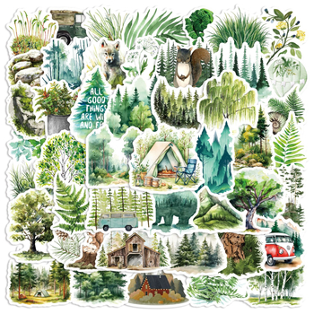 50 db erdei graffiti matrica készlet, vízálló öntapadós PVC, modern letisztult dizájn, poggyászra, noteszekre, víz palackra, laptopra és gitárra