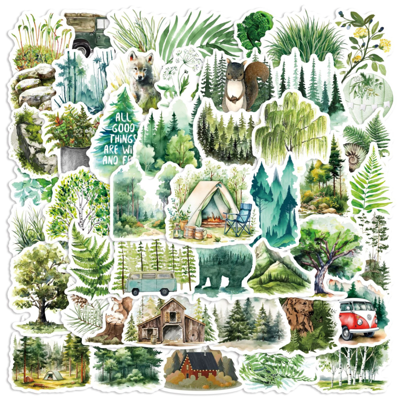 50 db erdei graffiti matrica készlet, vízálló öntapadós PVC, modern letisztult dizájn, poggyászra, noteszekre, víz palackra, laptopra és gitárra