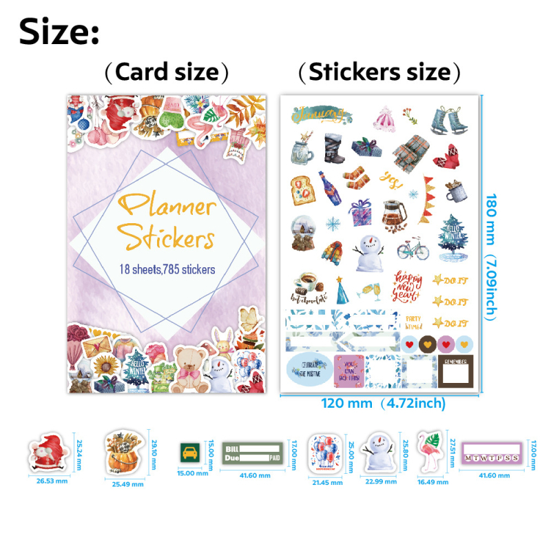 Set de autocolante pentru planner – stil retro, motive sezoniere, lunare și de weekend, 785 bucăți, tipărite