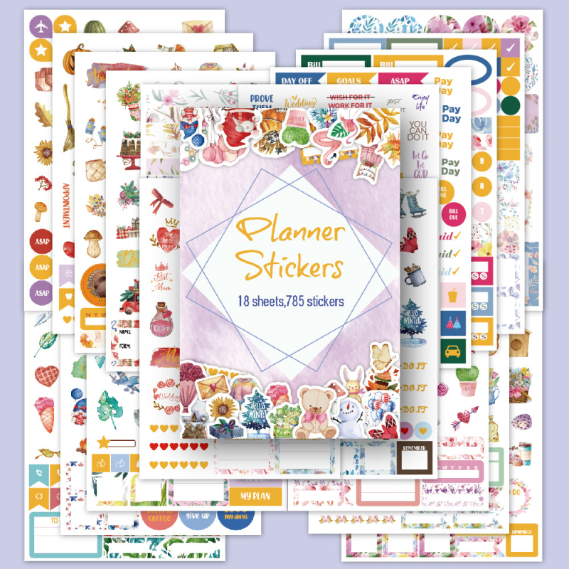 Set de autocolante pentru planner – stil retro, motive sezoniere, lunare și de weekend, 785 bucăți, tipărite