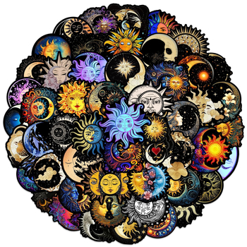 Σετ αυτοκόλλητων – 50 αδιάβροχα αυτοκόλλητα από PVC με graffiti σε Φεγγάρι και Ήλιο, κατάλληλα για θήκες κινητών, κράνη και σκέιτμπορντ (μοντέρνο μινιμαλιστικό στυλ)