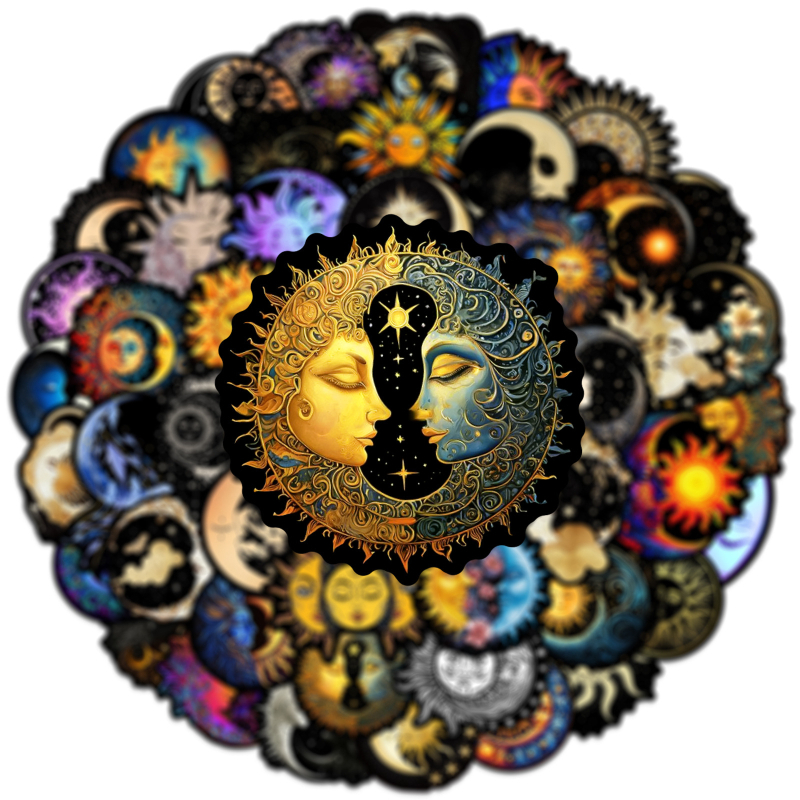 Matricaszett – 50 darab vízálló PVC öntapadós matricák Hold és Nap grafiti motívummal, telefon tokhoz, sisakhoz és gördeszkához (modern minimalist stílus)