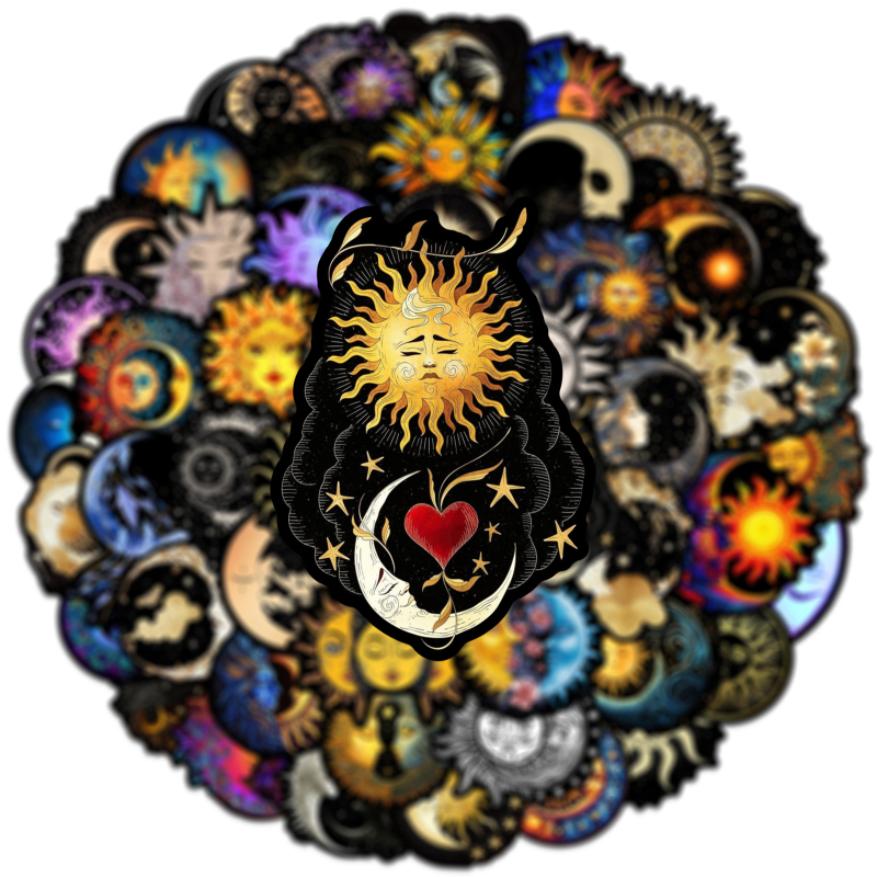 Matricaszett – 50 darab vízálló PVC öntapadós matricák Hold és Nap grafiti motívummal, telefon tokhoz, sisakhoz és gördeszkához (modern minimalist stílus)