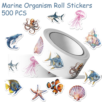 Autocolante cu animale marine, impermeabile, rolă cu 500 de foi, pentru jurnal DIY și decorarea telefonului, autoadezive