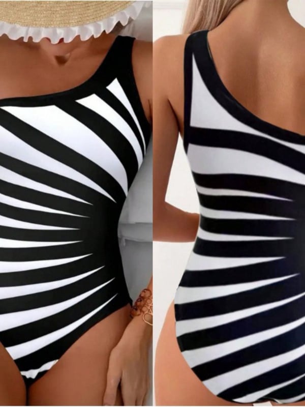 Costum de baie pentru femei, întreg, cu un singur umăr, imprimeu zebra, acoperire a burții, bureți pentru bust, material poliester