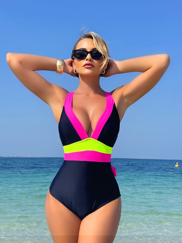 Costum de baie întreg pentru femei, decolteu în V, fără spate, talie definită, mâneci lungi; material poliester cu 82% elastan, căptușeală poliester, cupe cu bureți