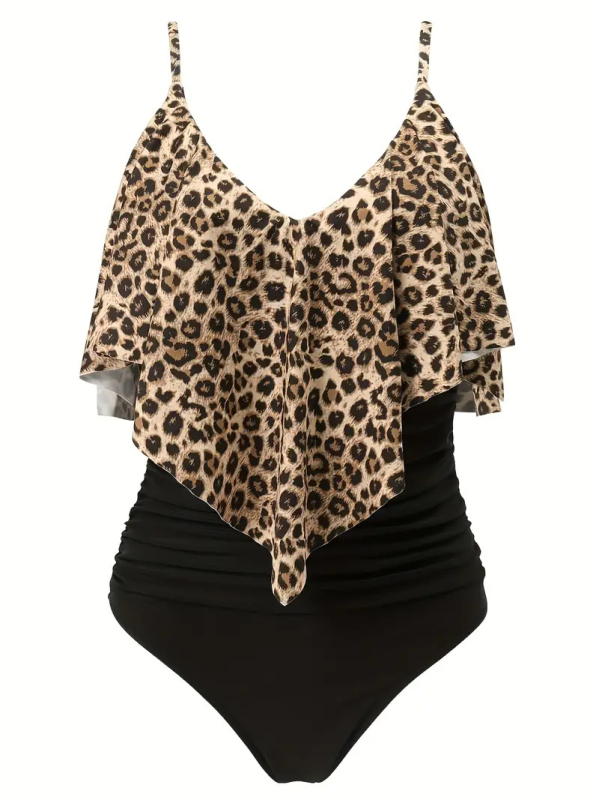Costum de baie leopard întreg, cu burete pentru sân, fără spate, material poliester
