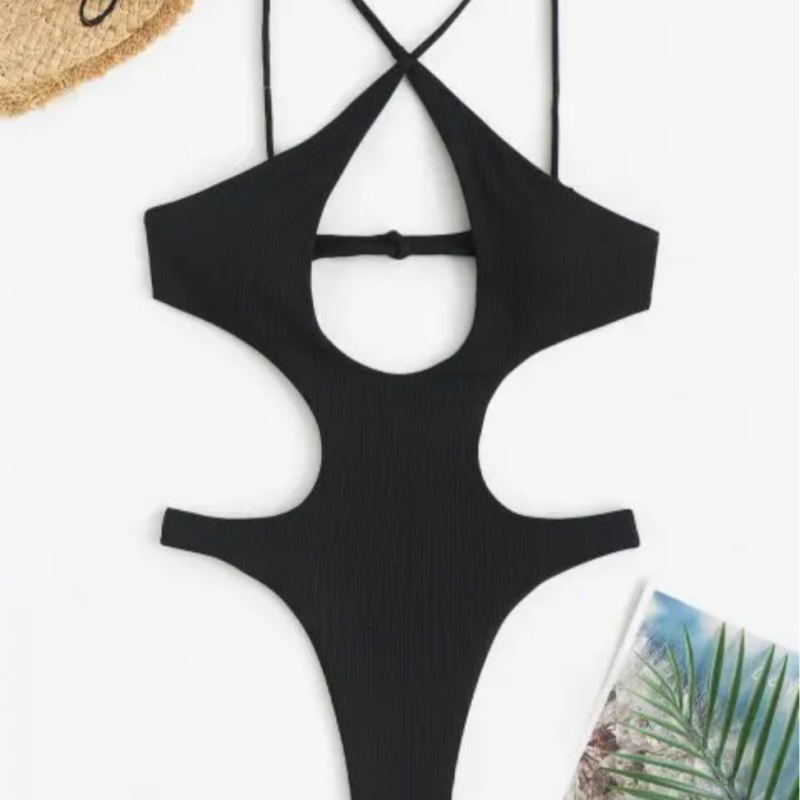 Costum de baie întreg, fără mâneci, cu dungi verticale, cu bureți la bust, din poliester, căptușit