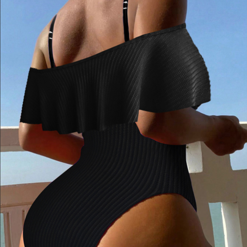 Costum de baie întreg cu dungi, decolteu off-shoulder, bretele subțiri, burete pentru bust, poliester