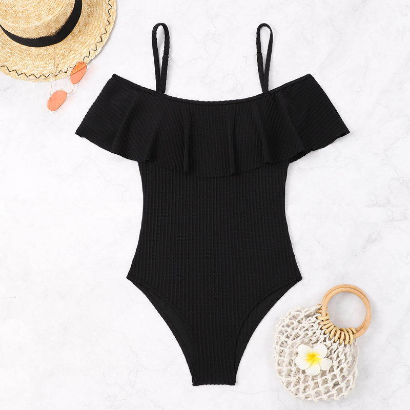 Costum de baie întreg cu dungi, decolteu off-shoulder, bretele subțiri, burete pentru bust, poliester