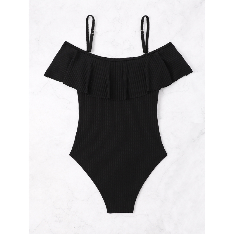 Costum de baie întreg cu dungi, decolteu off-shoulder, bretele subțiri, burete pentru bust, poliester