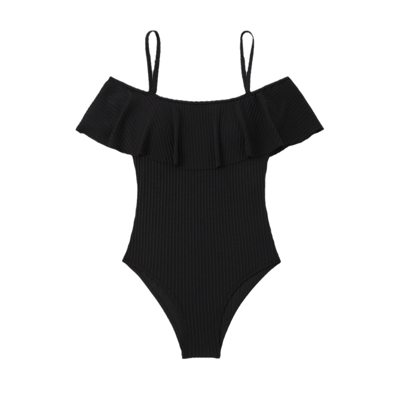 Costum de baie întreg cu dungi, decolteu off-shoulder, bretele subțiri, burete pentru bust, poliester