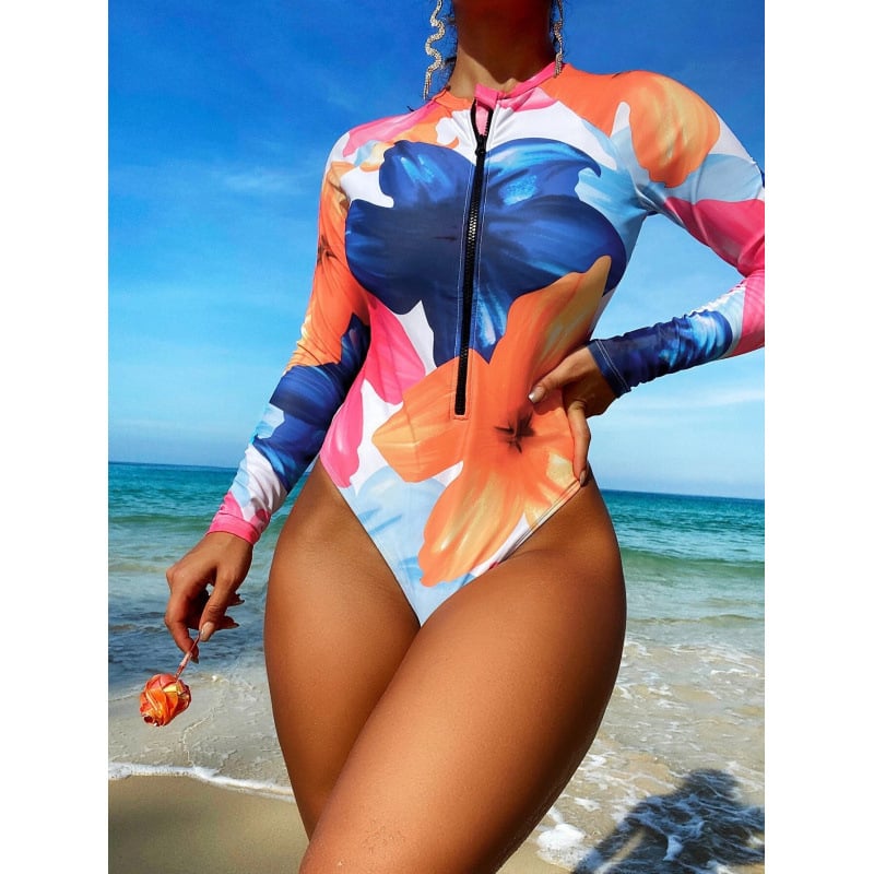 Costum de baie întreg pentru femei – imprimeu, fără mâneci, cu burete pentru bust, material poliester 82%, căptușire poliester 85%