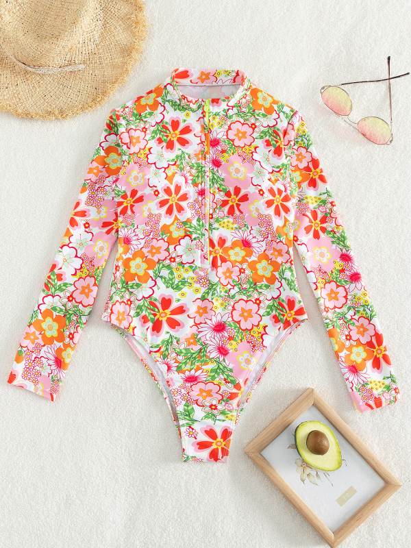 Costum de baie întreg pentru femei cu imprimeu floral, mâneci lungi, fermoar pe față, 82% poliester / 18% spandex