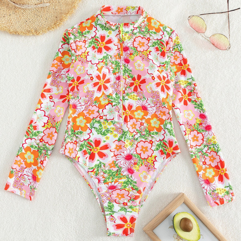 Costum de baie întreg pentru femei cu imprimeu floral, mâneci lungi, fermoar pe față, 82% poliester / 18% spandex