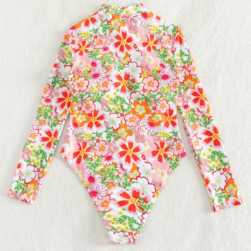Costum de baie întreg pentru femei cu imprimeu floral, mâneci lungi, fermoar pe față, 82% poliester / 18% spandex