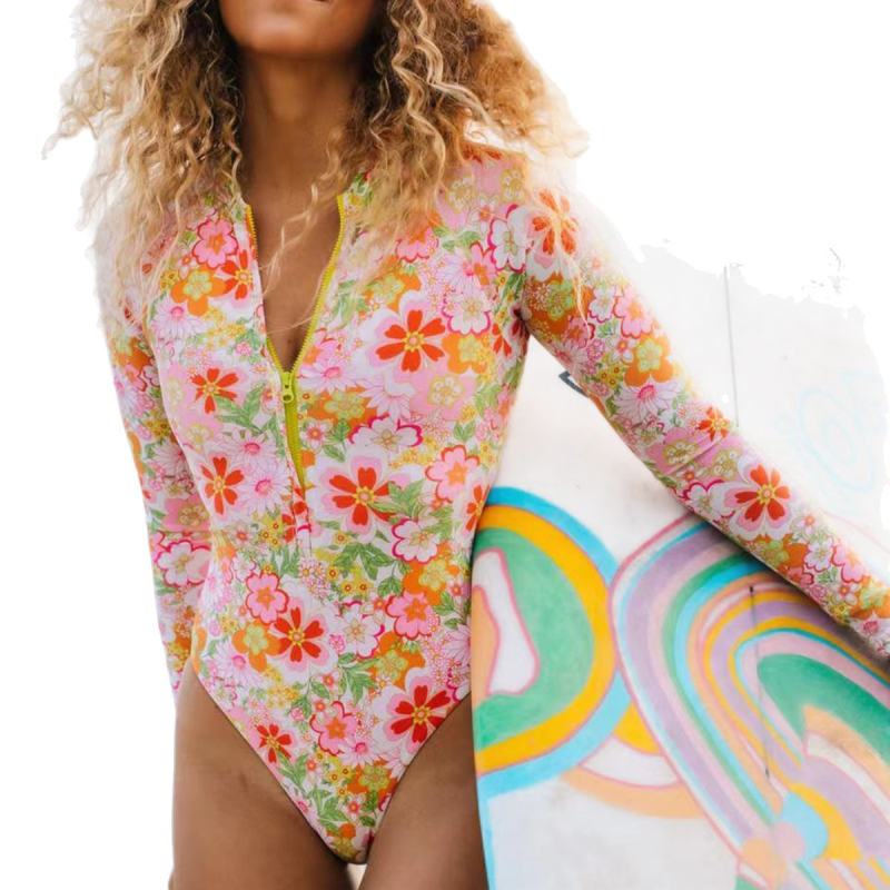 Costum de baie întreg pentru femei cu imprimeu floral, mâneci lungi, fermoar pe față, 82% poliester / 18% spandex