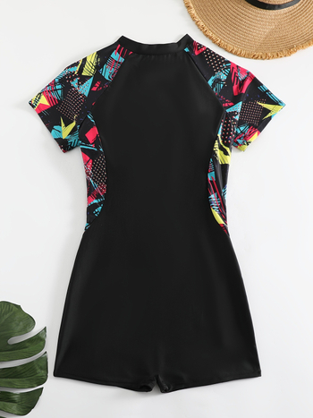 Γυναικείο ολόσωμο μαγιό με φερμουάρ, φλοράλ color-block μοτίβο, πολυεστέρας, επένδυση στήθους