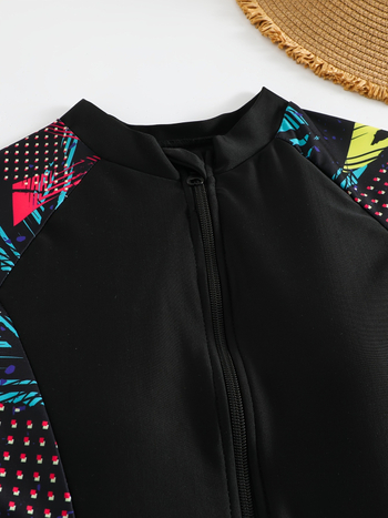 Γυναικείο ολόσωμο μαγιό με φερμουάρ, φλοράλ color-block μοτίβο, πολυεστέρας, επένδυση στήθους