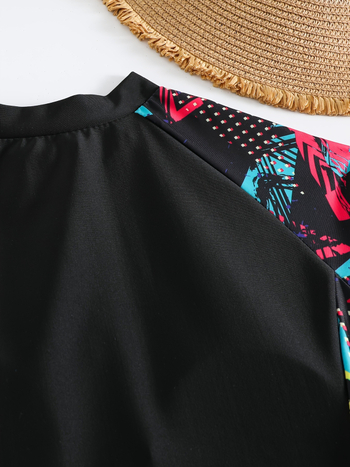 Γυναικείο ολόσωμο μαγιό με φερμουάρ, φλοράλ color-block μοτίβο, πολυεστέρας, επένδυση στήθους