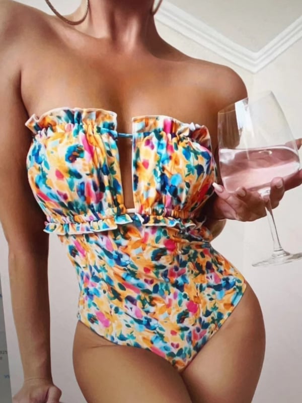 Jednodijelni kupaći kostim s floralnim printom, seksi tube top bez naramenica, bez rukava, poliester 95% s podstavom 95%, težina 180 g
