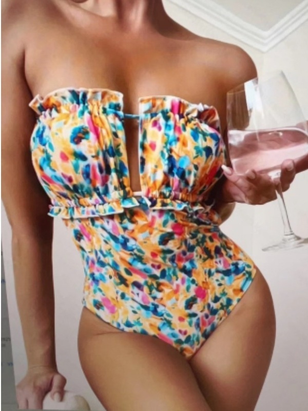 Jednodijelni kupaći kostim s floralnim printom, seksi tube top bez naramenica, bez rukava, poliester 95% s podstavom 95%, težina 180 g