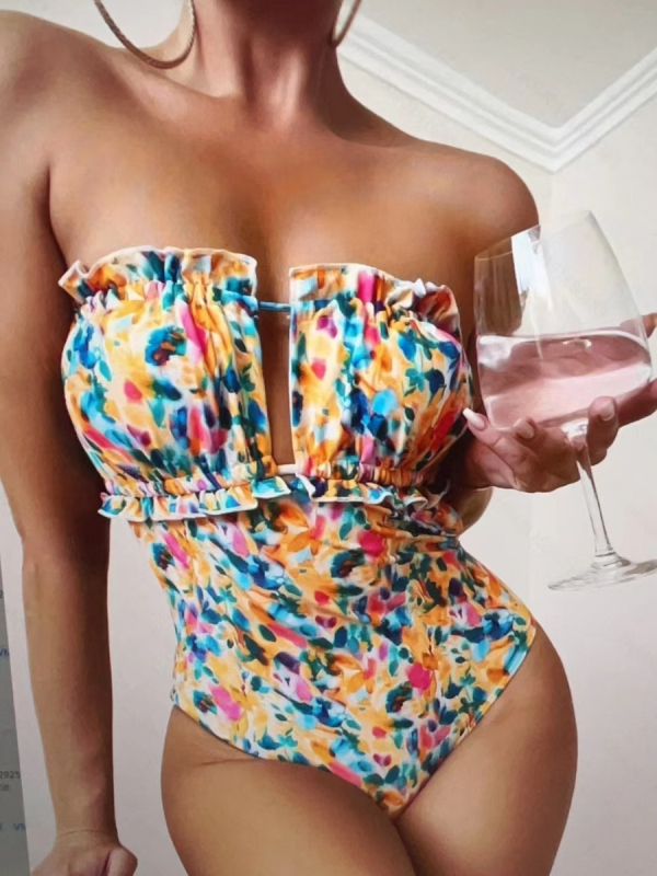 Jednodijelni kupaći kostim s floralnim printom, seksi tube top bez naramenica, bez rukava, poliester 95% s podstavom 95%, težina 180 g
