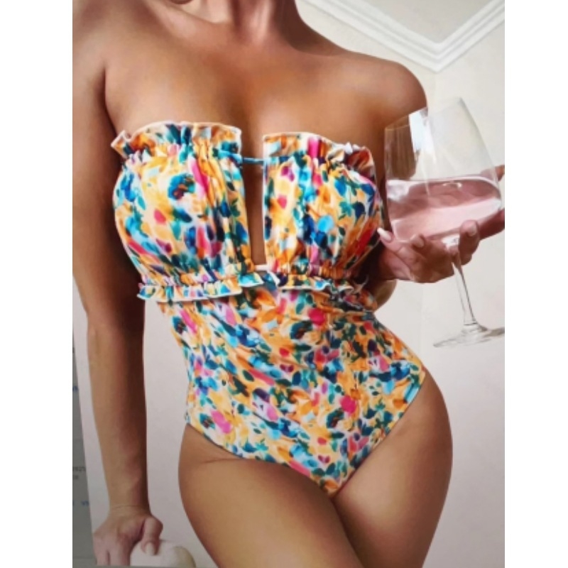Jednodijelni kupaći kostim s floralnim printom, seksi tube top bez naramenica, bez rukava, poliester 95% s podstavom 95%, težina 180 g