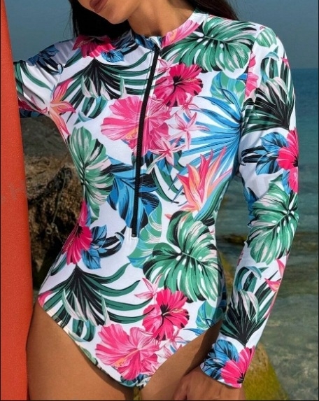Costum de baie întreg pentru femei, imprimeu, mâneci lungi, stil sexy, 82% poliester