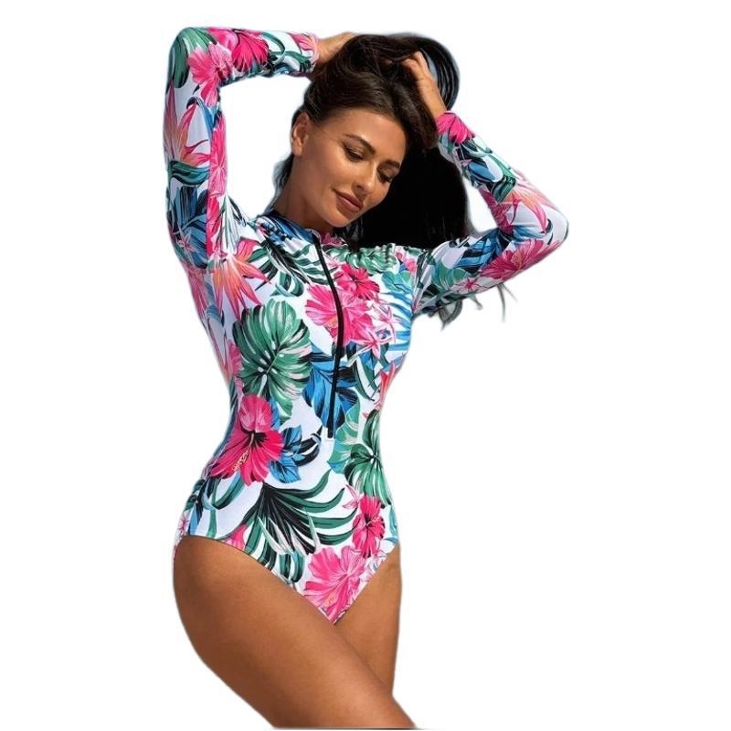 Costum de baie întreg pentru femei, imprimeu, mâneci lungi, stil sexy, 82% poliester