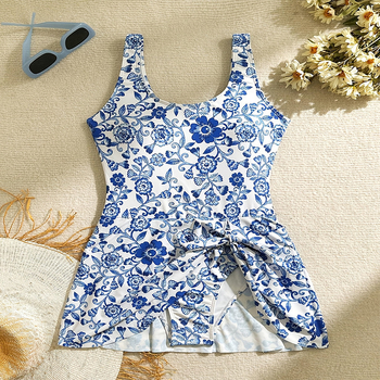 Ολόσωμο μαγιό με φούστα, συντηρητικό σχέδιο εκτύπωσης, με μαξιλαράκια στήθους, χωρίς μανίκια, πολυεστέρας με επένδυση πολυεστέρα-ελαστικό