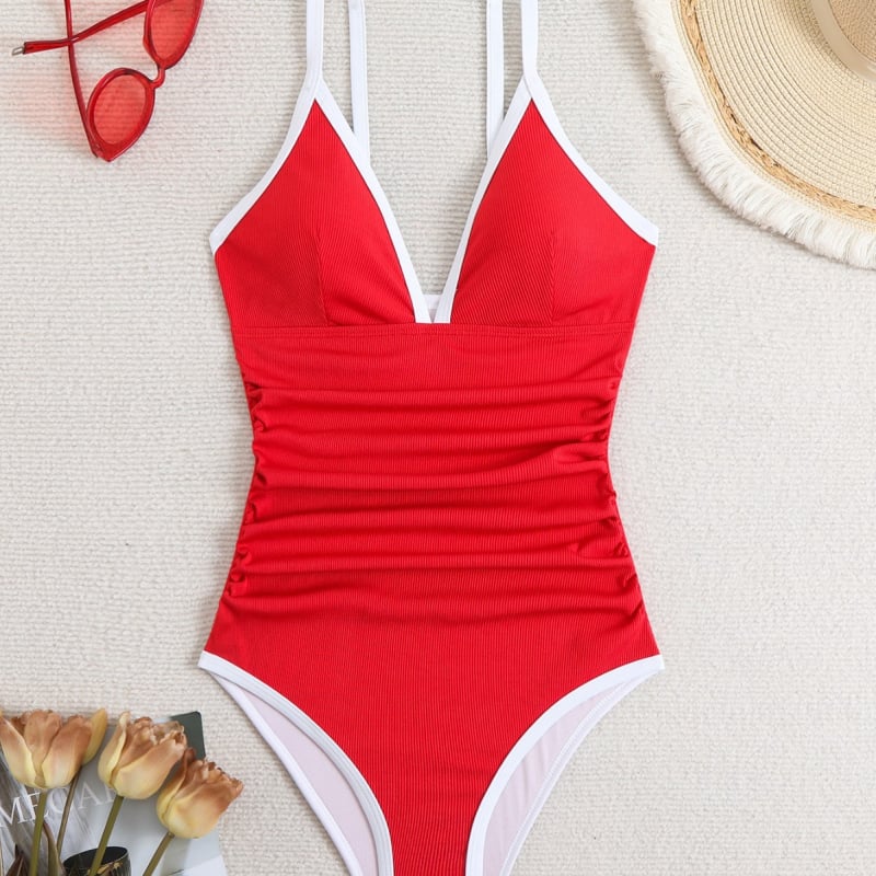 Costum de baie întreg, fără mâneci, culoare solidă, poliester cu elastan, burete bust